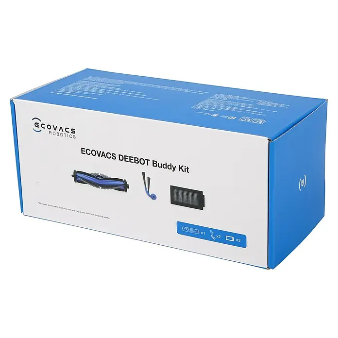 Ecovacs Reinigungsroboter-Ersatzbürsten Kit T30E - Material: Kunststoff, Gesamtstückzahl: 6 -tlg. - Ecovacs Deebot Buddy Kit Box: Blau-weiße Box mit Hauptbürste, Seitenbürsten und Filtern für Roboterstaubsauger.