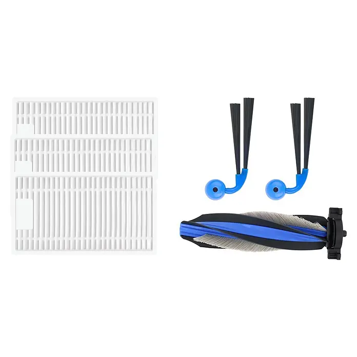 Ecovacs Reinigungsroboter-Ersatzbürsten Kit X12 - Material: Kunststoff, Gesamtstückzahl: 6 -tlg. - Roboterstaubsauger-Zubehörset: weißer Filter, zwei blaue Seitenbürsten und eine blau/schwarze Walzenbürste.