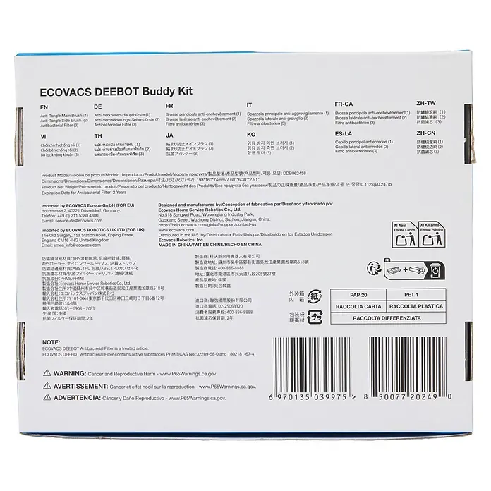 Ecovacs Reinigungsroboter-Ersatzbürsten Kit X12 - Material: Kunststoff, Gesamtstückzahl: 6 -tlg. - Verpackung für ECOVACS DEEBOT Buddy Kit, mit Haupt- und Seitenbürsten gegen Verwicklungen und antibakteriellem Filter.