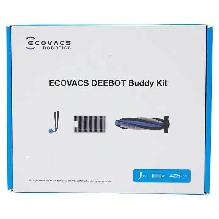 Ecovacs Reinigungsroboter-Ersatzbürsten Kit X12 - Material: Kunststoff, Gesamtstückzahl: 6 -tlg. - Weiße ECOVACS DEEBOT Buddy Kit Box mit zwei Seitenbürsten, drei Filtern und einer Hauptbürste für Saugroboter-Wartung.