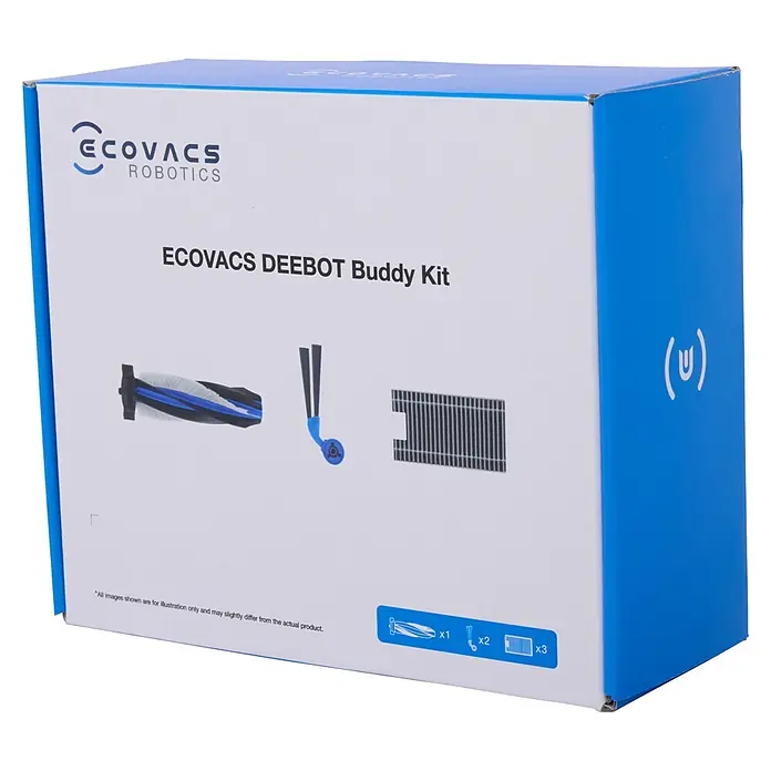Ecovacs Reinigungsroboter-Ersatzbürsten Kit X12 - Material: Kunststoff, Gesamtstückzahl: 6 -tlg. - Weiße und blaue Ecovacs Deebot Buddy Kit Box mit Ersatzteilen für einen Saugroboter: Hauptbürste, Seitenbürsten und Filter.