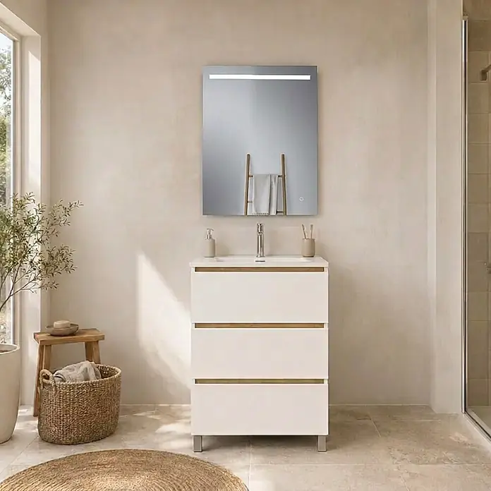 Conjunto de mueble de baño Noa con espejo - Ancho total del mueble de baño: 60 cm, Blanco y roble, Mate - Mueble de baño blanco con tres cajones y detalles de madera, lavabo blanco y espejo rectangular con luz LED integrada.