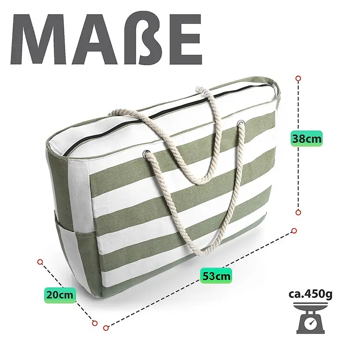BigDean Strandtasche XXL, Grün -  - Grün-weiß gestreifte Strandtasche aus Stoff mit Seilgriffen. Maße: 53x38x20cm, ca. 450g.