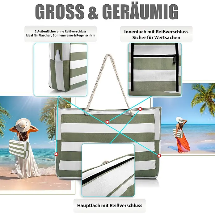 BigDean Strandtasche XXL, Grün -  - Grün-weiß gestreifte Strandtasche mit Seilgriffen und mehreren Taschen, von Personen am Strand getragen.