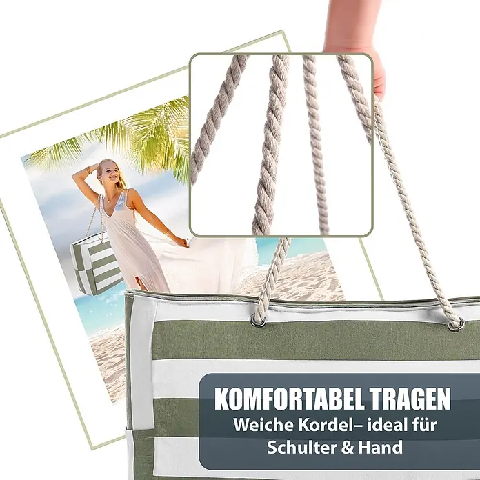 BigDean Strandtasche XXL, Grün -  - Grün-weiß gestreifte Strandtasche mit weichen Kordelgriffen, bequem für Schulter oder Hand zu tragen.