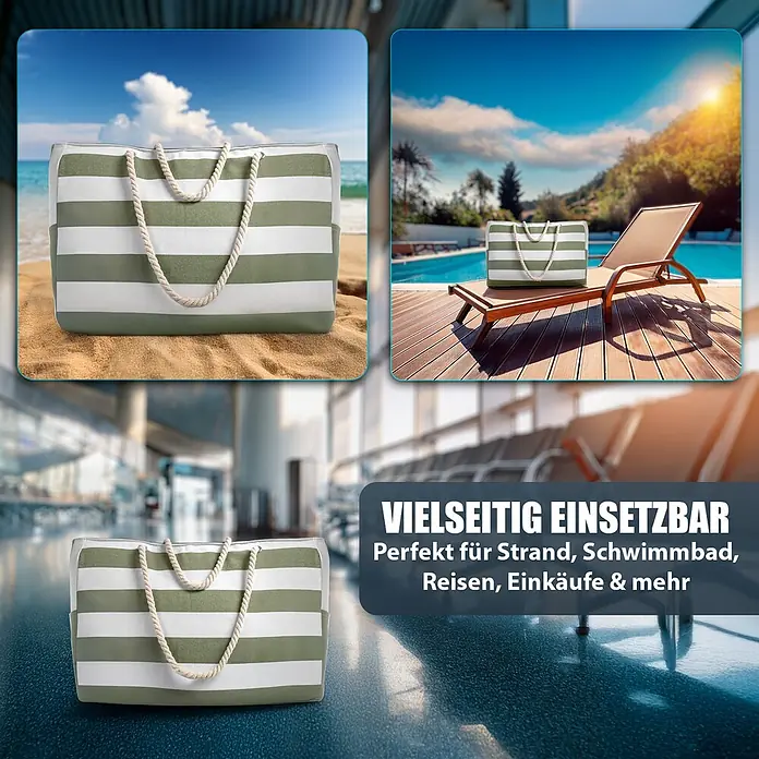 BigDean Strandtasche XXL, Grün -  - Grün-weiß gestreifte Strandtasche mit Seilgriffen, vielseitig einsetzbar am Strand, Pool und auf Reisen.