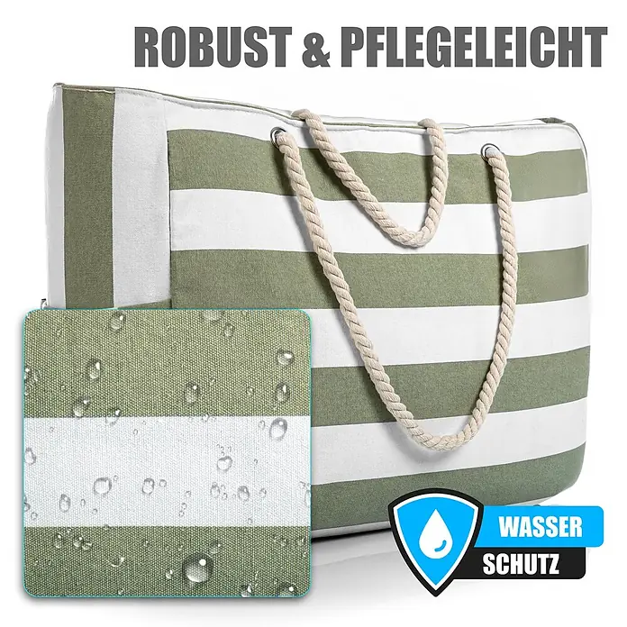 BigDean Strandtasche XXL, Grün -  - Grün-weiß gestreifte Strandtasche mit Seilgriffen, Nahaufnahme des wasserabweisenden Stoffes.