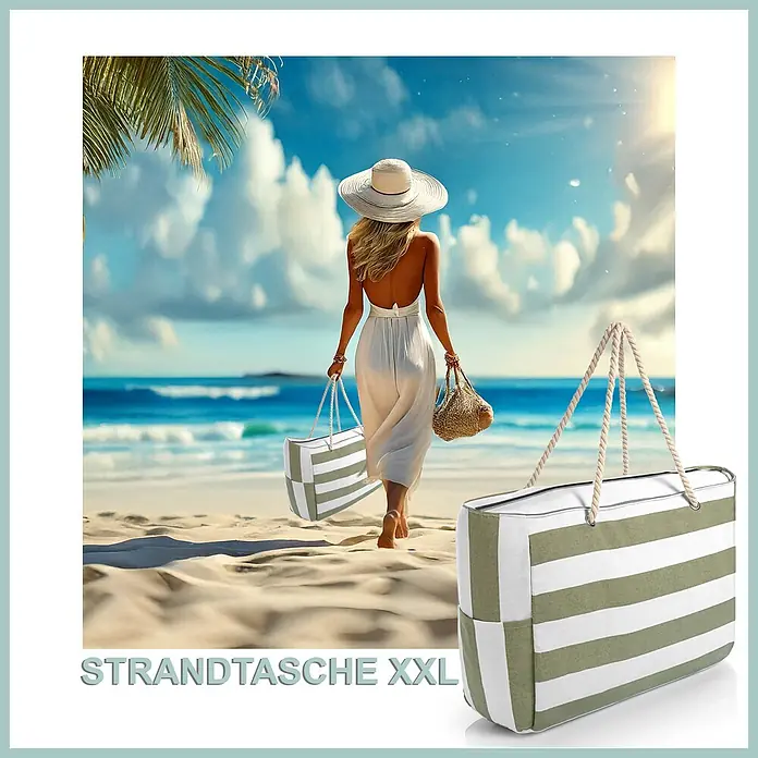 BigDean Strandtasche XXL, Grün -  - XXL Strandtasche mit weißen und salbeigrünen Streifen und Seilgriffen, Nahaufnahme und am Strand getragen.
