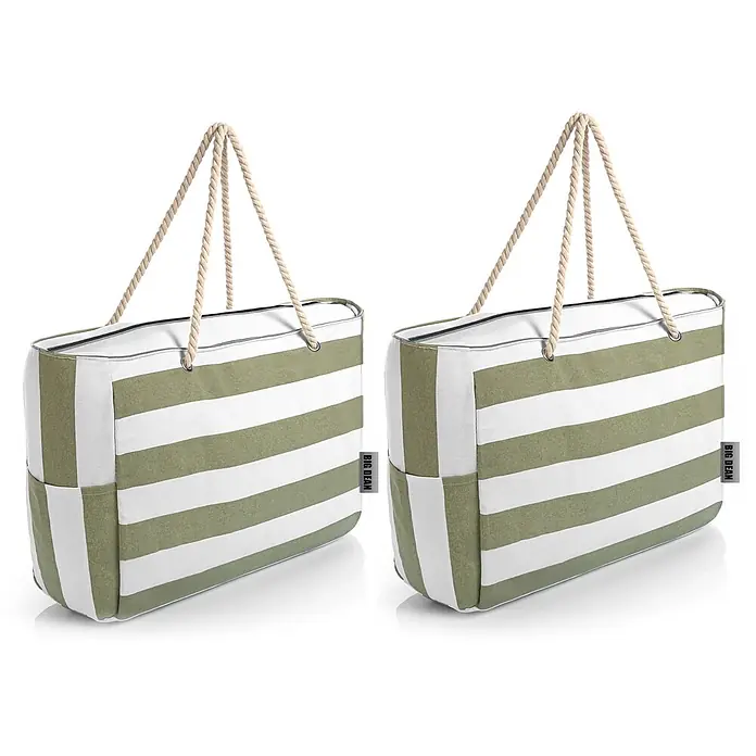 BigDean Strandtasche XXL, Grün -  - Zwei grün-weiß gestreifte Strandtaschen mit Taugriffen und Reißverschluss.