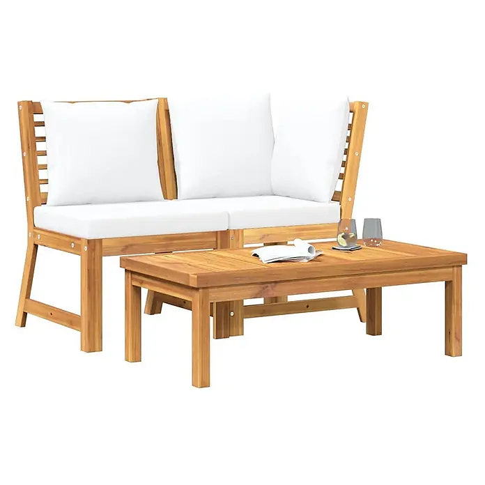Furnicato Garten Loungemöbel Set aus Akazienholz mit Kissen -  - Zweisitzer-Gartenbank aus Akazienholz mit weißen Kissen und passendem Couchtisch.