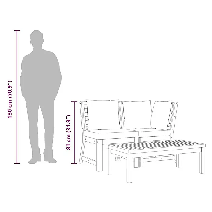 Furnicato Garten Loungemöbel Set aus Akazienholz mit Kissen -  - Hölzernes Outdoor-Möbelset mit Zweiersofa, Kissen und Couchtisch, inklusive menschlicher Silhouette zur Größenangabe.