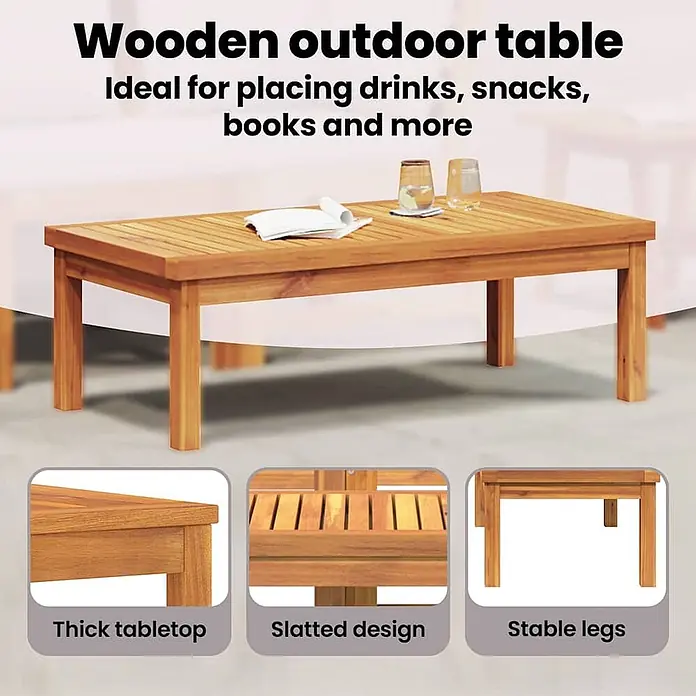 Furnicato Garten Loungemöbel Set aus Akazienholz mit Kissen -  - Hölzerner Gartentisch mit Lattenplatte, ideal für Getränke und Bücher. Er hat eine dicke Tischplatte und stabile Beine.