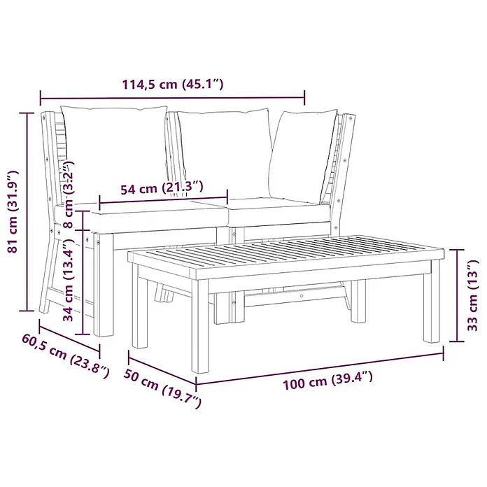 Furnicato Garten Loungemöbel Set aus Akazienholz mit Kissen -  - Gartensitzgruppe aus Holz mit Couchtisch und detaillierten Maßangaben.