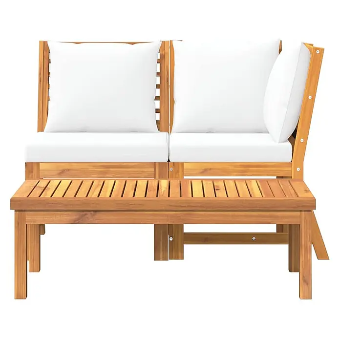Furnicato Garten Loungemöbel Set aus Akazienholz mit Kissen -  - Zweisitzige Holzgartenbank mit weißen Kissen und integriertem Beistelltisch/Fußhocker.