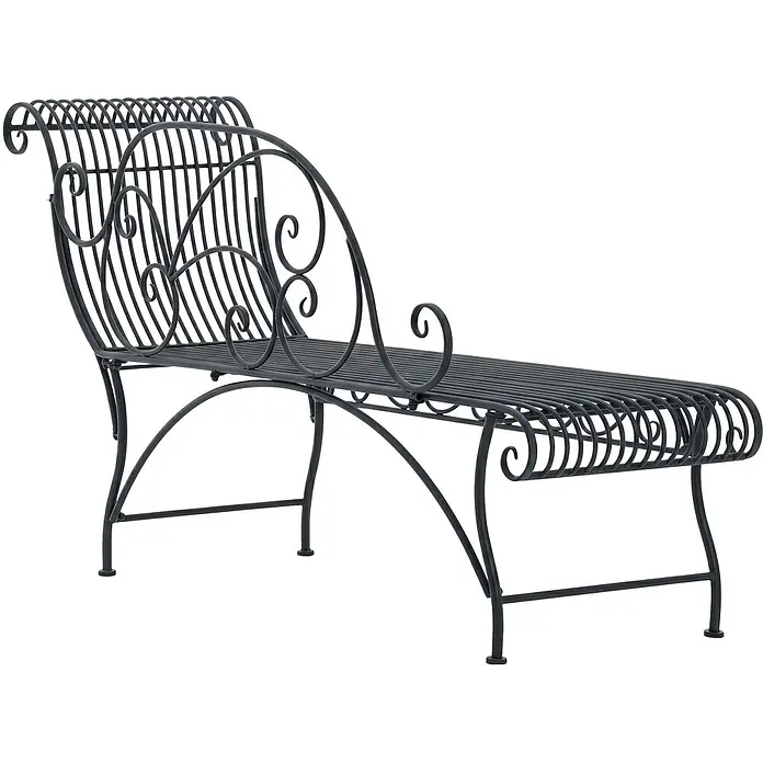 Furnicato Gartenbank Karma Recamiere aus Eisen im Jugendstil -  - Dunkelgraue Metall-Chaiselongue mit dekorativen Schnörkeln und Lamellendesign.
