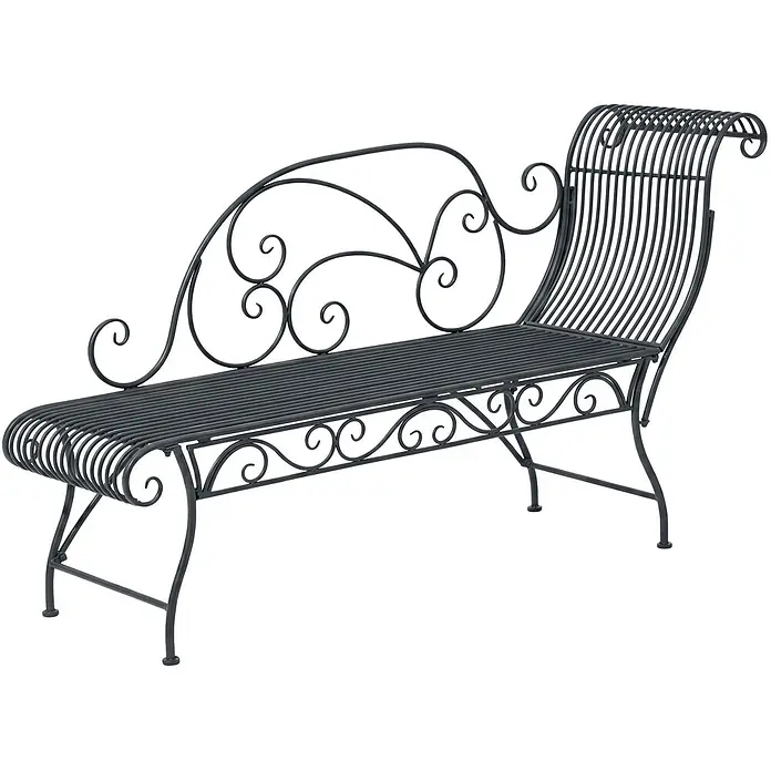 Furnicato Gartenbank Karma Recamiere aus Eisen im Jugendstil -  - Dunkelgraue verschnörkelte Metall-Chaiselongue mit Schnörkeln und Lattenrost.