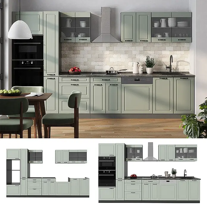 Küchenzeile R-Line 350 cm Mint Landhaus Art.-Nr. 70928 -  - Moderne modulare Küche in Salbeigrün mit Kassettenfronten, dunkler Arbeitsplatte und integrierten Geräten.