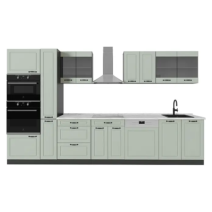 Küchenzeile R-Line 350 cm Mint Landhaus Art.-Nr. 70928 -  - Komplette hellgrüne Küche mit schwarzen Griffen, Einbaugeräten: Öfen, Kochfeld, Spüle, Geschirrspüler, Dunstabzugshaube.