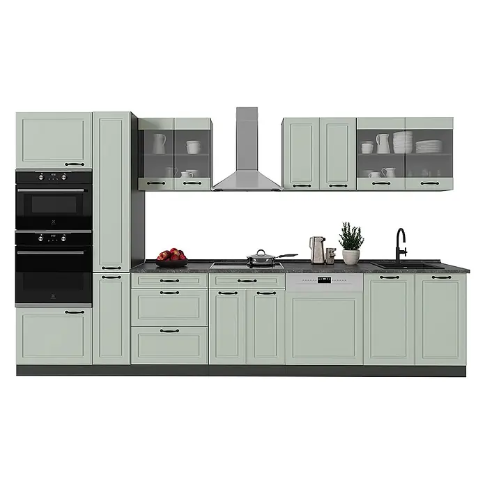 Küchenzeile R-Line 350 cm Mint Landhaus Art.-Nr. 70928 -  - Hellgrüne Modulküche mit integriertem Backofenturm, Kochfeld, Geschirrspüler, Wandschränken (teilw. Glas), Unterschränken, schwarzen Griffen und dunkler Arbeitsplatte.