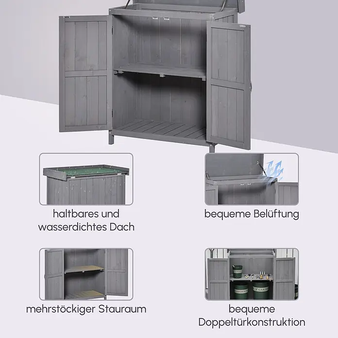 Furnicato Gartenschrank Tannenholz Grau L74 x B43 x H88 cm -  - Grauer Holz-Gartenschrank mit mehreren Regalböden und Doppeltüren. Ausgestattet mit wasserdichtem Dach und Belüftung.