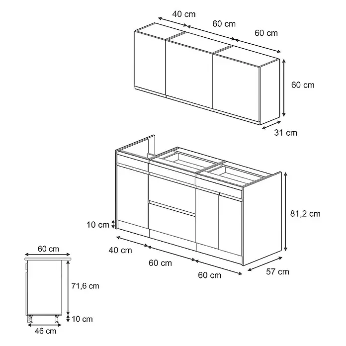 Singleküche R-Line 160 cm Anthrazit Art.-Nr. 70556 -  - Strichzeichnung modularer Küchenschränke, Ober- (40/60/60x60x31cm) und Unterschränke (40/60/60x81.2x57cm) mit Maßen.