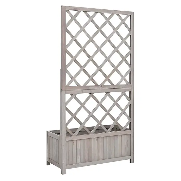 vidaXL Pflanzkübel mit Spalier Grau 70x30x135 cm Massivholz Tanne -  - Heller grauer Holzkasten mit hohem diagonalem Spalier.