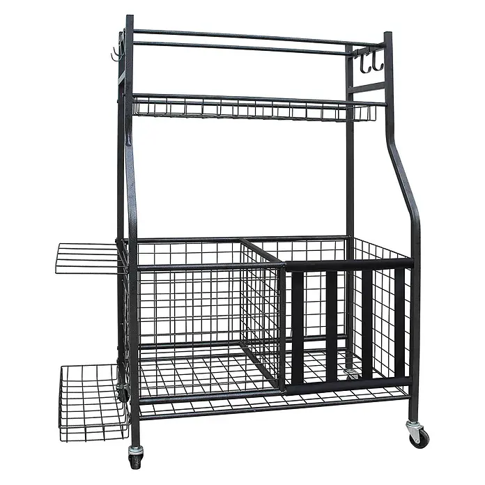 SONNENH Regalwagen 73 x 41,5 x 116 cm, 3 Ebenen, Schwarz -  - Schwarzer Metall-Allzweckwagen mit Drahtregalen, Körben und Haken auf Rollen.