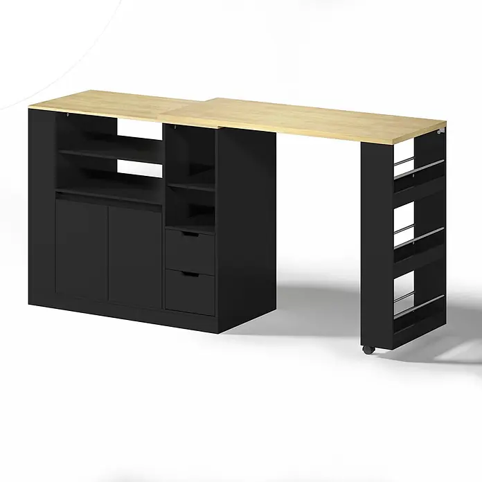 SONNENH Küchen-Unterschrank mit Drehtheke, Schwarz/Naturholzoptik -  - Schwarze Kücheninsel mit heller Holz-Arbeitsplatte, Regalen, Schubladen, Türen und ausziehbarer Einheit mit schmalem Rollwagen.