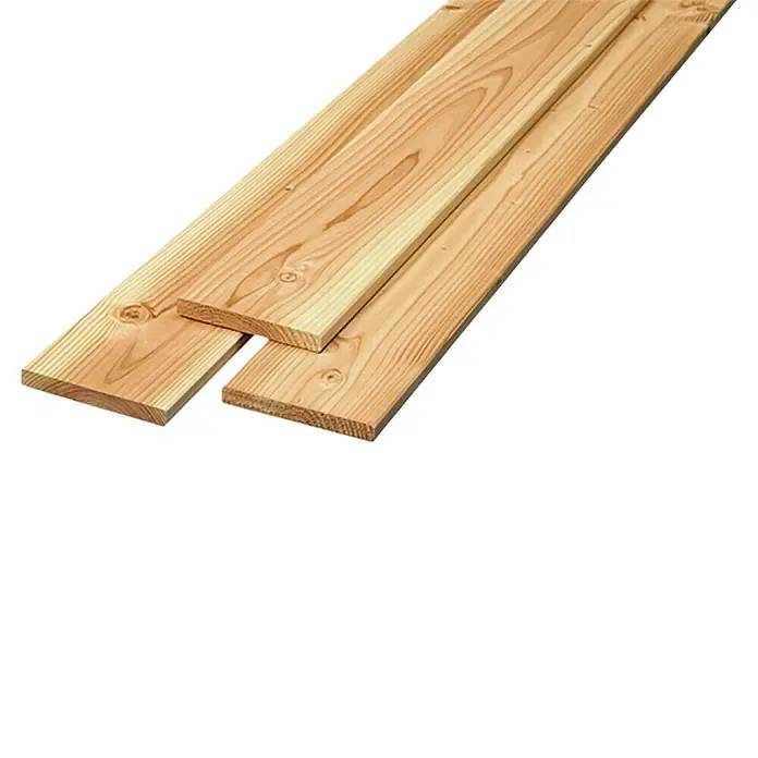 Fassadendiele - Douglasie, 200 x 14,5 x 1,8 cm - Nahaufnahme von zwei Brettern aus hellem Holz mit sichtbarer Maserung. Perfekt für Bauprojekte und Innenausbau.