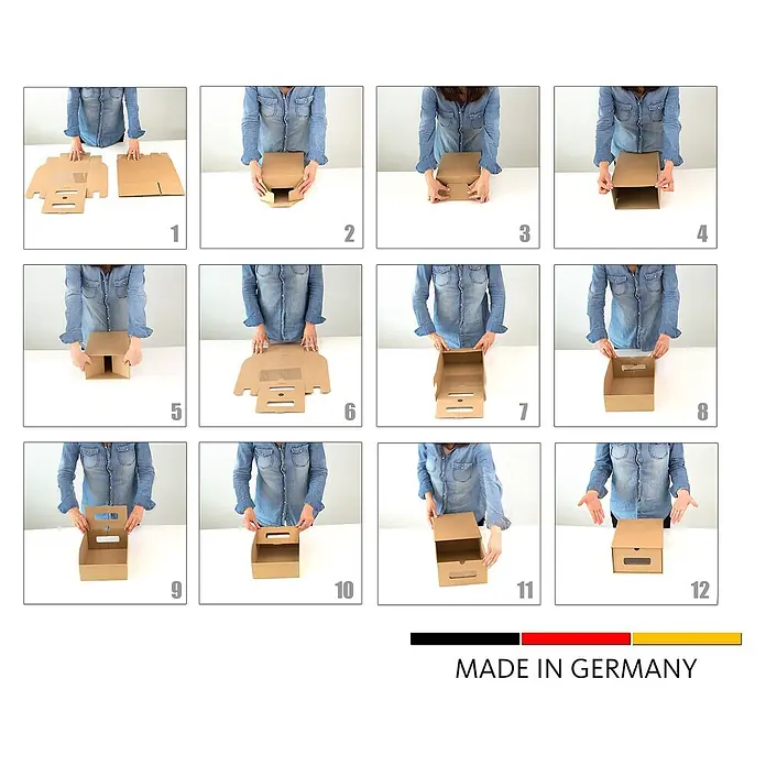 BigDean 10er Boxen Set Schuhbox, Braun -  - Montageanleitung für eine braune Kartontragebox mit Griff, in 12 Schritten dargestellt.