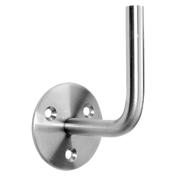 Handlaufträger - Durchmesser Rohr: 12 mm, 2 Stk. - Nahaufnahme einer Treppenhandlaufhalterung aus Edelstahl mit runder Montageplatte und gebogenem Arm.