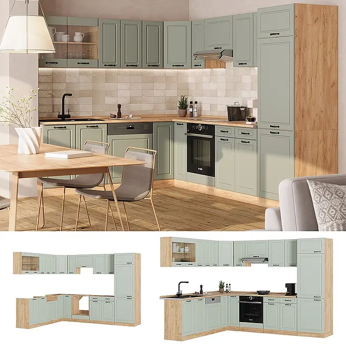 Eckküche R-Line 287 cm Mint Landhaus Art.-Nr. 70985 -  - Moderne L-förmige Küche mit hellgrünen Schränken, hellen Holzplatten und integrierten Geräten.