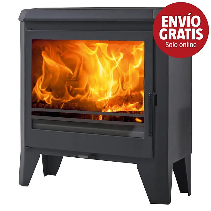 Panadero Estufa de leña Chambery - 7,1 kW, Volumen de calefacción: 280 m³, Antracita - Estufa de leña de metal gris oscuro con puerta de cristal que muestra llamas y troncos, sobre cuatro patas.