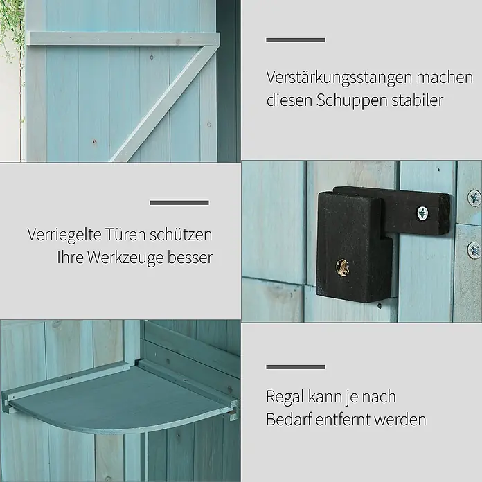 Furnicato Gartenschrank aus Tannenholz, Hellblau+Grün, 77x54,2x179 cm -  - Hellblauer Holzschuppen mit verstärkter Tür, sicherem Riegel und einem herausnehmbaren Innenregal für vielseitige Lagerung.