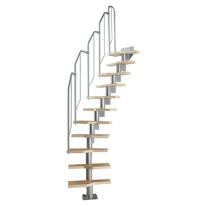 Star Stairs Raumspartreppe Athena - Geschosshöhe: 222 cm - 276 cm, Anzahl Steigungen: 11 Stk. - Eine stilvolle Wendeltreppe mit Holzstufen und einem robusten, silberfarbenen Geländer, ideal für moderne Innenräume.