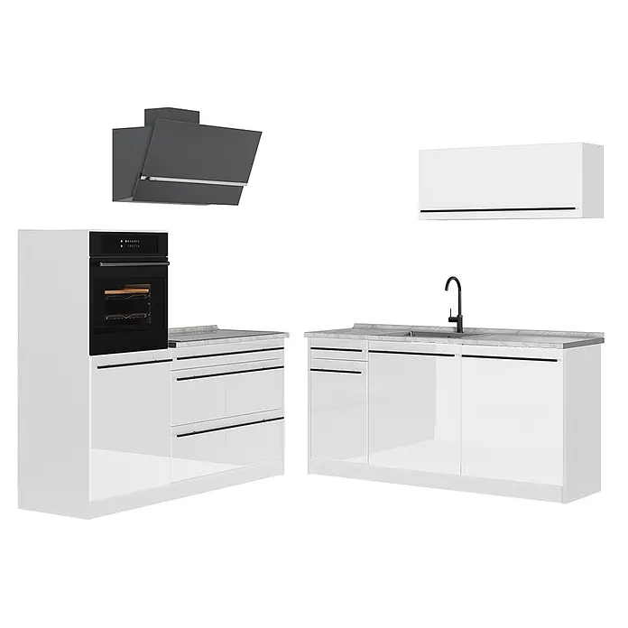 Küchenzeile R-Line 160 cm Weiß Hochglanz Art.-Nr. 66156 -  - Modernes weißes Küchenschrank-Set mit integriertem schwarzem Backofen, Spüle und grauer Arbeitsplatte, ergänzt durch eine graue Dunstabzugshaube.