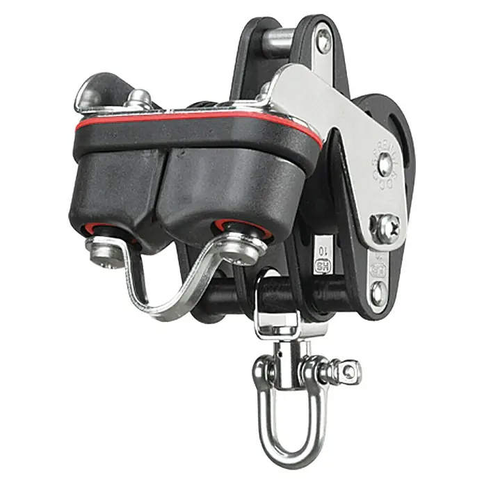 Sprenger Großschotblock - 10 mm, 3 Rollen, Gleitlager, Mit Schotklemme, Hundsfott - Doppelte Curryklemme mit Wirbel und Schäkel. Ideal für Segelboote. Die Klemme sichert Leinen zuverlässig und bietet hohe Stabilität.