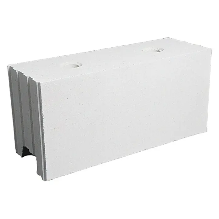Kalksandstein Lochstein 12DF - 49,8 x 17,5 x 23,8 cm - Nahaufnahme eines Porenbetonsteins in Weiß mit zwei Löchern auf der Oberseite und einer geriffelten Kante.