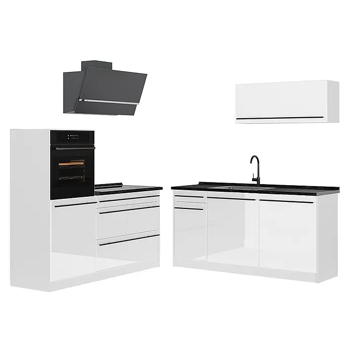Küchenzeile R-Line 160 cm Weiß Hochglanz Art.-Nr. 66154 -  - Weiße Hochglanz-Küchenzeile mit schwarzen Arbeitsplatten, integriertem Backofen, Spüle und dunkelgrauer Dunstabzugshaube.
