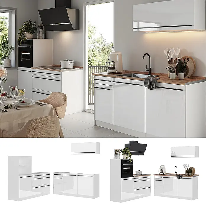 Küchenzeile R-Line 160 cm Weiß Hochglanz Art.-Nr. 66156 -  - Moderne weiße Hochglanz-Küchenschränke mit Holzoptik-Arbeitsplatten, als fertige Küche und modulare Teile gezeigt.