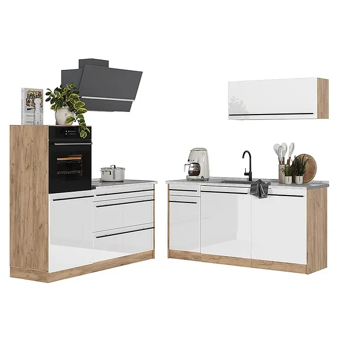 Küchenzeile R-Line 160 cm Weiß Hochglanz Art.-Nr. 66144 -  - Moderne Küche in Weiß Hochglanz und Holzoptik mit integriertem Backofen, Kochfeld, Spüle und grauer Dunstabzugshaube.