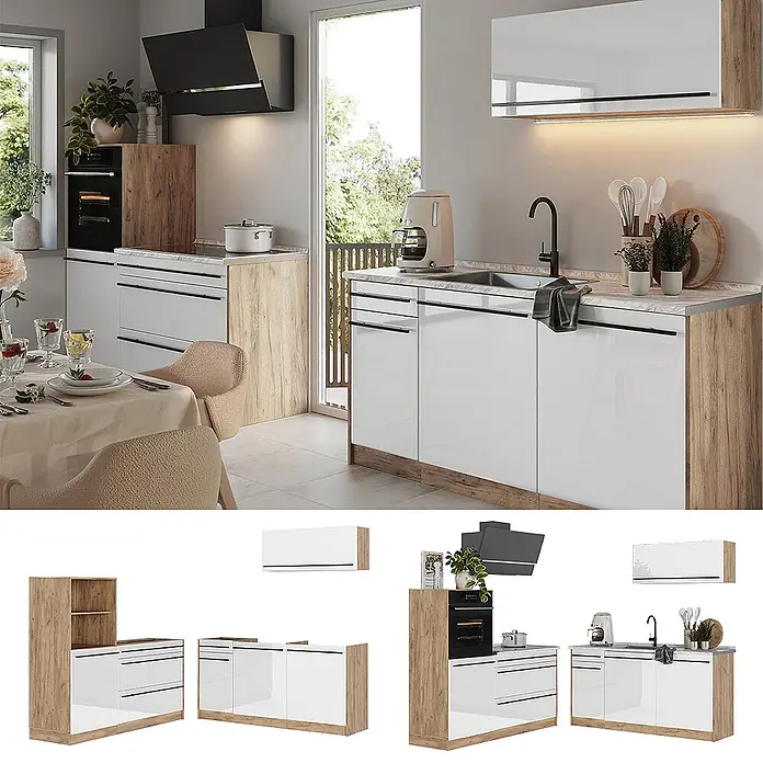 Küchenzeile R-Line 160 cm Weiß Hochglanz Art.-Nr. 66144 -  - Moderne Küchenzeile mit hochglanzweißen Fronten, Holz-Akzenten und heller Arbeitsplatte. Mit Spüle, Backofen und Stauraum.