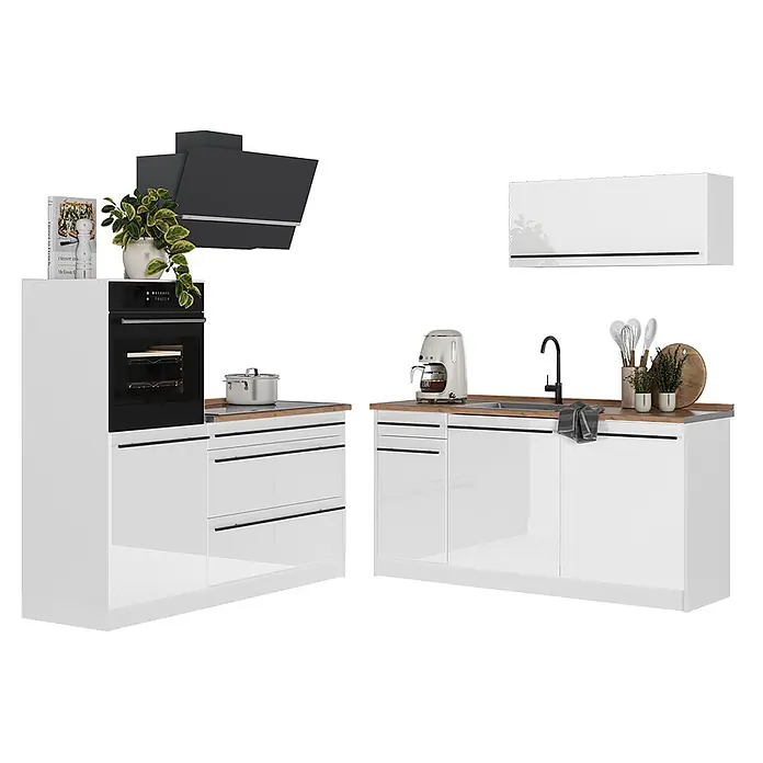 Küchenzeile R-Line 160 cm Weiß Hochglanz Art.-Nr. 66156 -  - Moderne weiße Hochglanz-Küchenzeile mit Holzarbeitsplatten, schwarzen Griffen, integriertem Backofen, Kochfeld, Spüle, Hängeschrank und Dunstabzugshaube.
