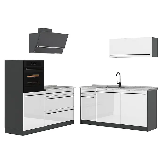 Küchenzeile R-Line 160 cm Weiß Hochglanz Art.-Nr. 66128 -  - Modernes Küchenset mit dunkelgrauen Geräten (Dunstabzugshaube, Backofen) und weißen Hochglanz-Unterschränken mit Spülbecken.