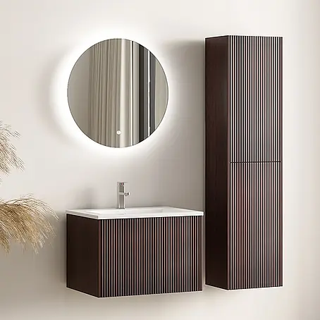 LOMAZOO Badmöbel-Set Rovani 60 cm Nussbaum Rillenfront, Waschbecken Weiß