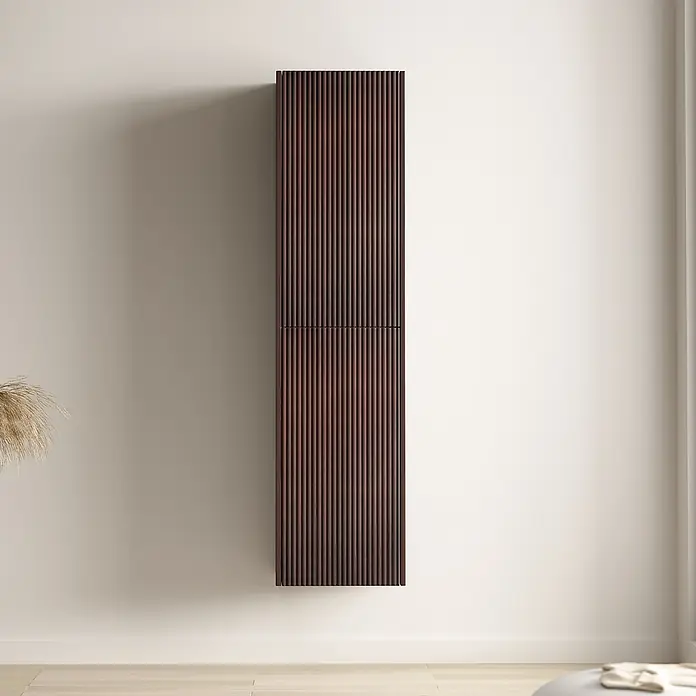 LOMAZOO Badmöbel-Set Rovani 80 cm Nussbaum Rillenfront, Waschbecken Weiß -  - Hoher, dunkler Holz-Wandschrank mit gerippter Oberfläche.