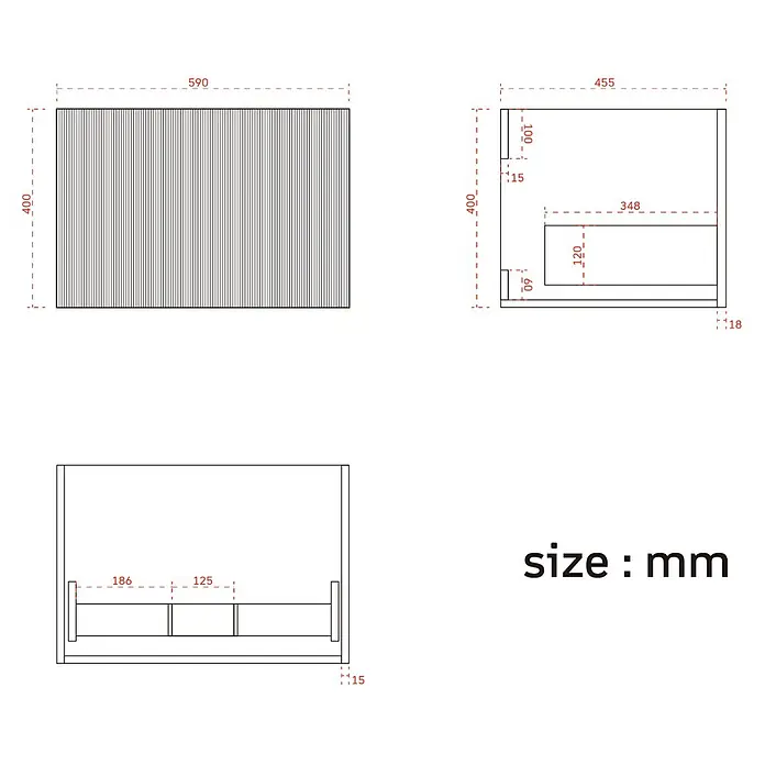 LOMAZOO Badmöbel-Set Rovani 60 cm Nussbaum Rillenfront, Waschbecken Weiß -  - Technische Zeichnung einer Holzschrankkomponente mit detaillierten Maßen. Zeigt Draufsicht, Seitenansicht und Vorderansicht, alle Maße in Millimetern.