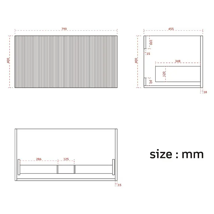 LOMAZOO Badmöbel Sovina 80 cm Nussbaum Rillenfront, Waschbecken Weiß -  - Technische Zeichnung einer Lamellenholzplatte mit Vorder-, Draufsicht und Seitenansicht, inklusive Maßen in Millimetern.