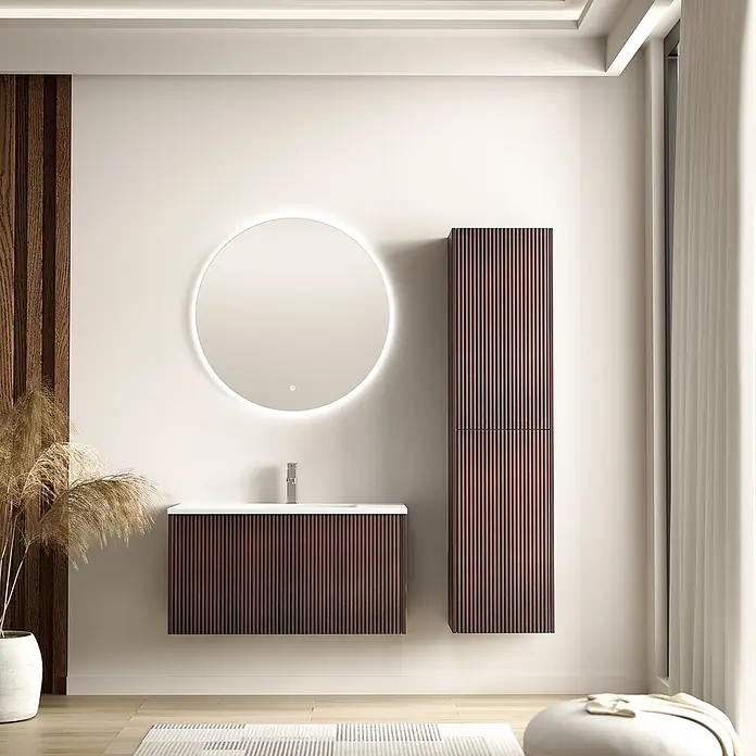 LOMAZOO Badmöbel-Set Rovani 80 cm Nussbaum Rillenfront, Waschbecken Weiß -  - Moderne Badezimmermöbel aus dunklem Holz mit Rillen, inklusive Waschtisch, LED-Spiegel und passendem Hochschrank im Bad.