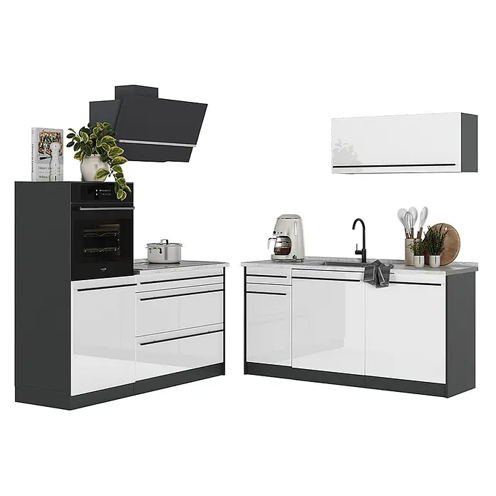 Küchenzeile R-Line 160 cm Weiß Hochglanz Art.-Nr. 66126 -  - Moderne Küchenzeile mit dunkelgrauen und weißen Schränken, weißer Marmor-Arbeitsplatte, Ofen und Spüle mit Wasserhahn.